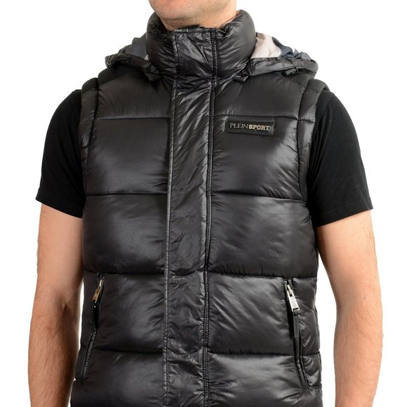 Plein Sport Men's Black Hooded Logo Print Zip Up Sleeveless Jacket Vest
